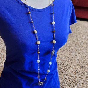 40" Long Gold Tone Faux Agate Bead Strand Necklace